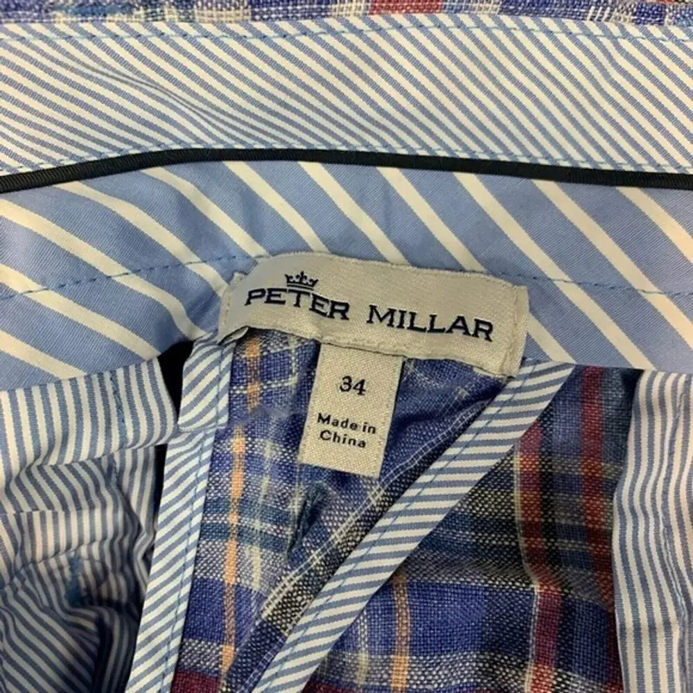 PETER MILLAR Blue Pink Linen Men's Flat Front Shorts Golf Casual Plaid sz 34
